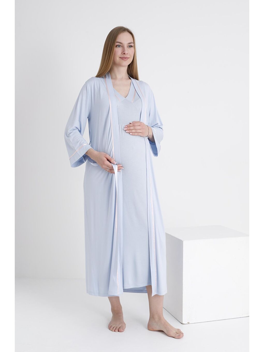 Mavi Sabahlıklı Hamile ve Lohusa V Yaka Sıfır Kol Gecelik Takımı-1