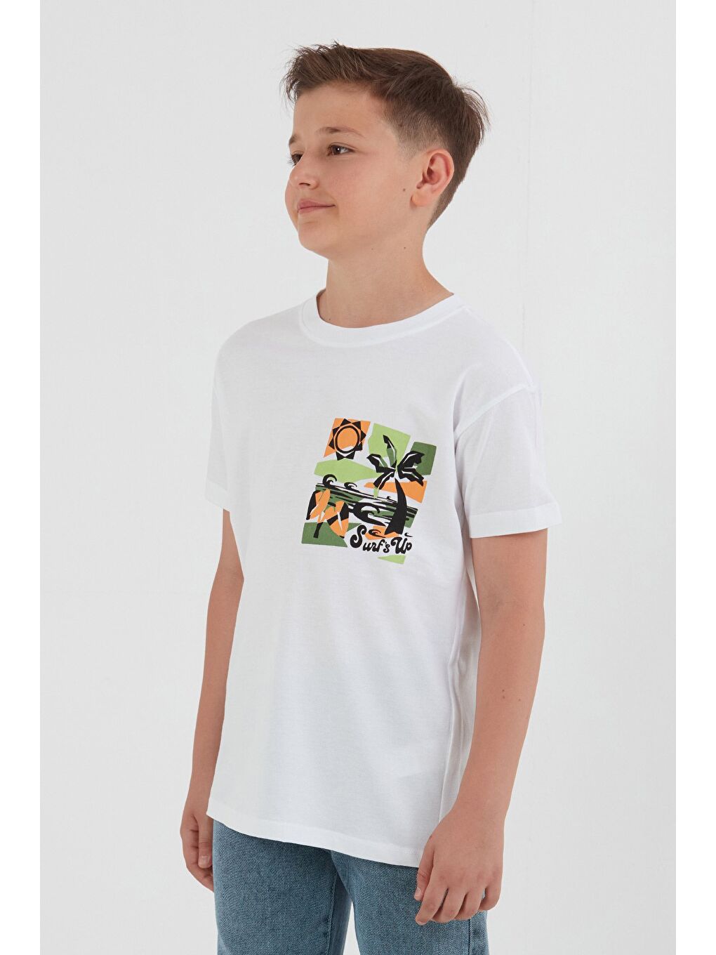 Beyaz %100 Pamuk Palmiye Baskılı Erkek Çocuk Tişört-3