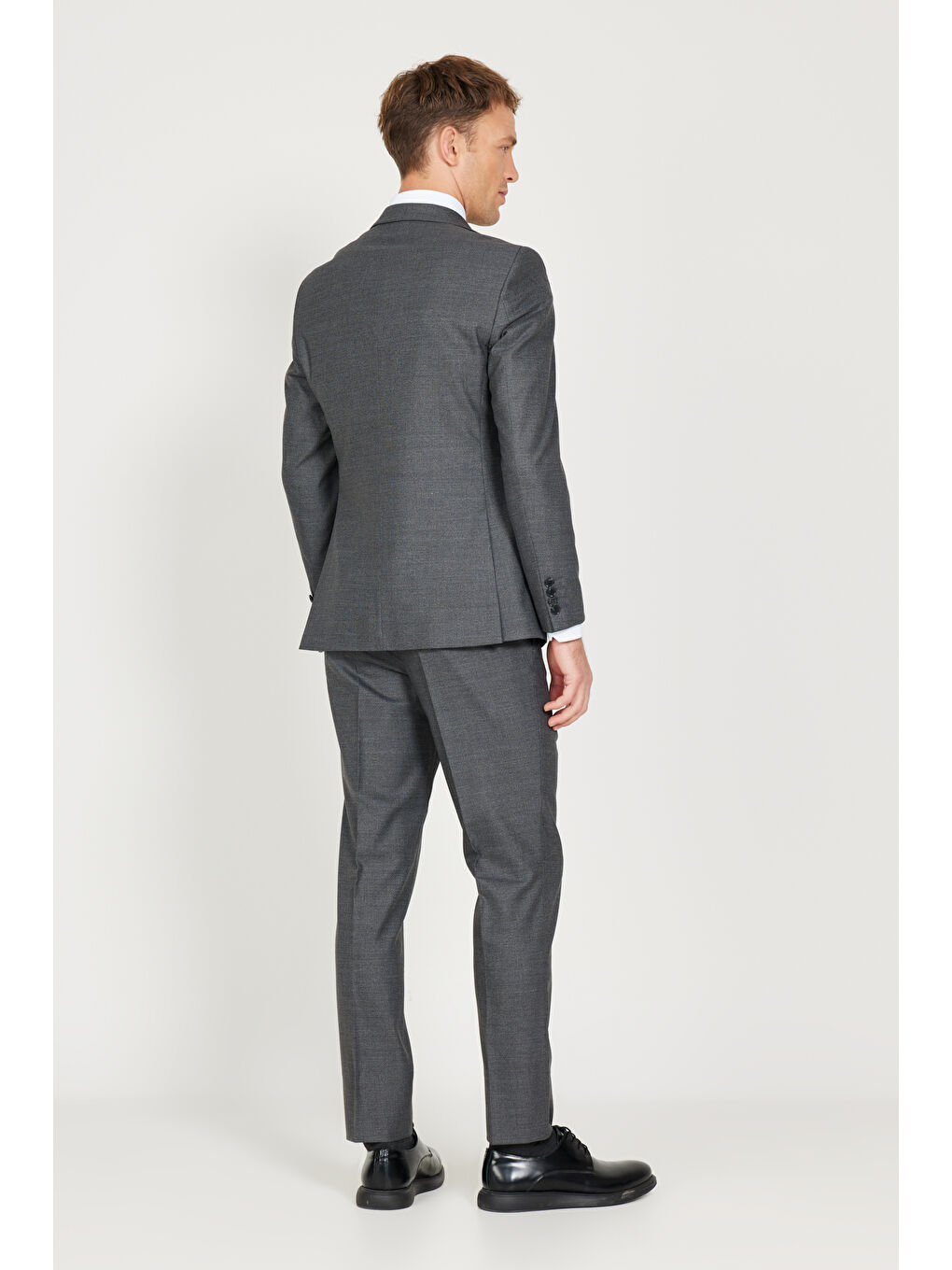 Erkek Gri Ekstra Slim Fit Dar Kesim Mono Yaka Desenli Yünlü Takım Elbise-7