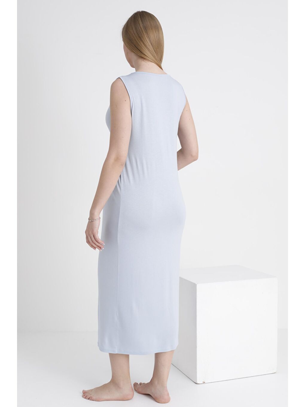 Mavi Sabahlıklı Hamile ve Lohusa V Yaka Sıfır Kol Gecelik Takımı-5