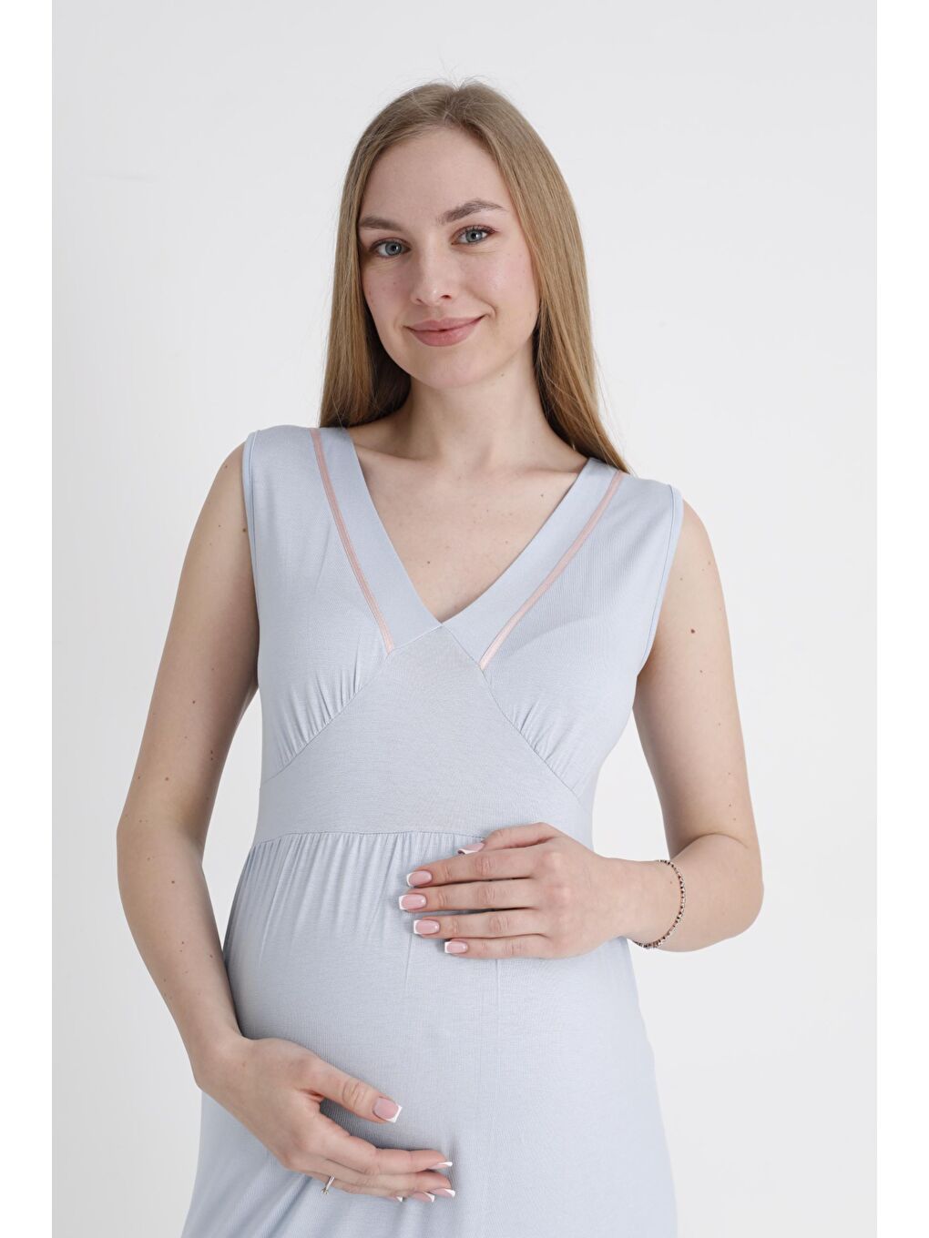 Mavi Sabahlıklı Hamile ve Lohusa V Yaka Sıfır Kol Gecelik Takımı-6