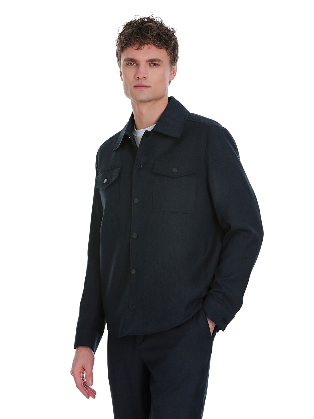 Lacivert Slim Fit Mono Yaka Casual Overshirt Takım