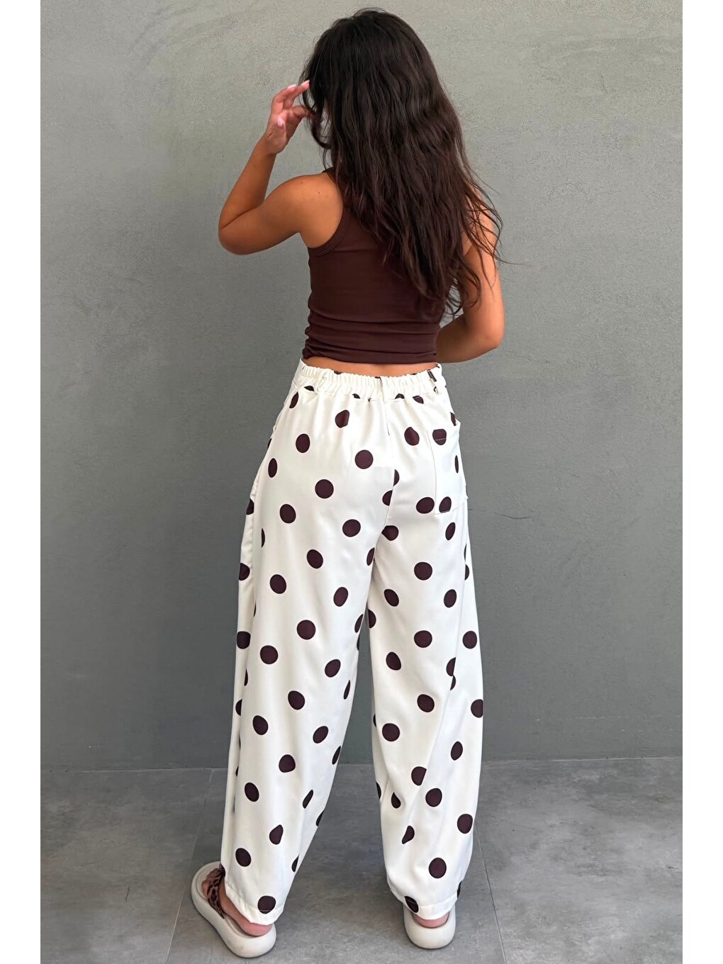Ekru Puantiyeli Beli Lastikli Balon Kadın Pantolon Mg2886-6