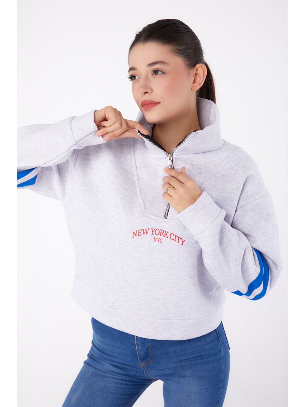 Fermuarlı sweatshirt Gri - 26381-1