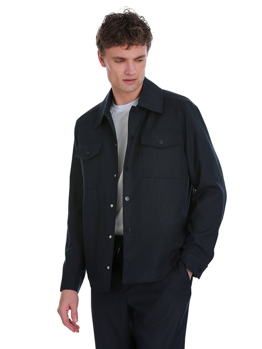 Lacivert Slim Fit Mono Yaka Casual Overshirt Takım-2