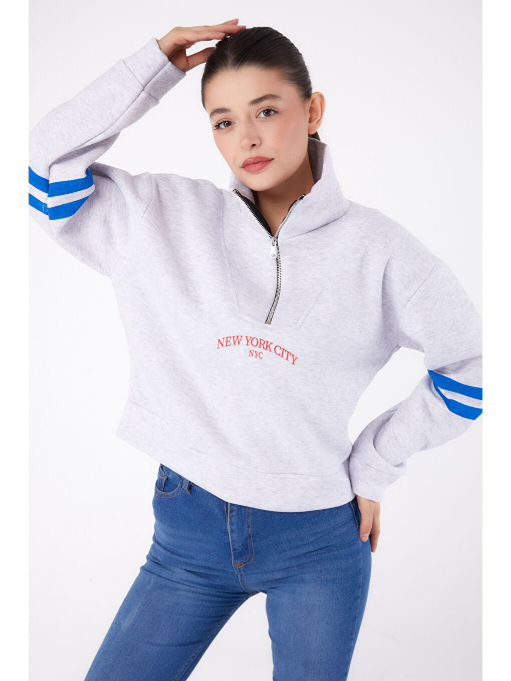 Fermuarlı sweatshirt Gri - 26381-2