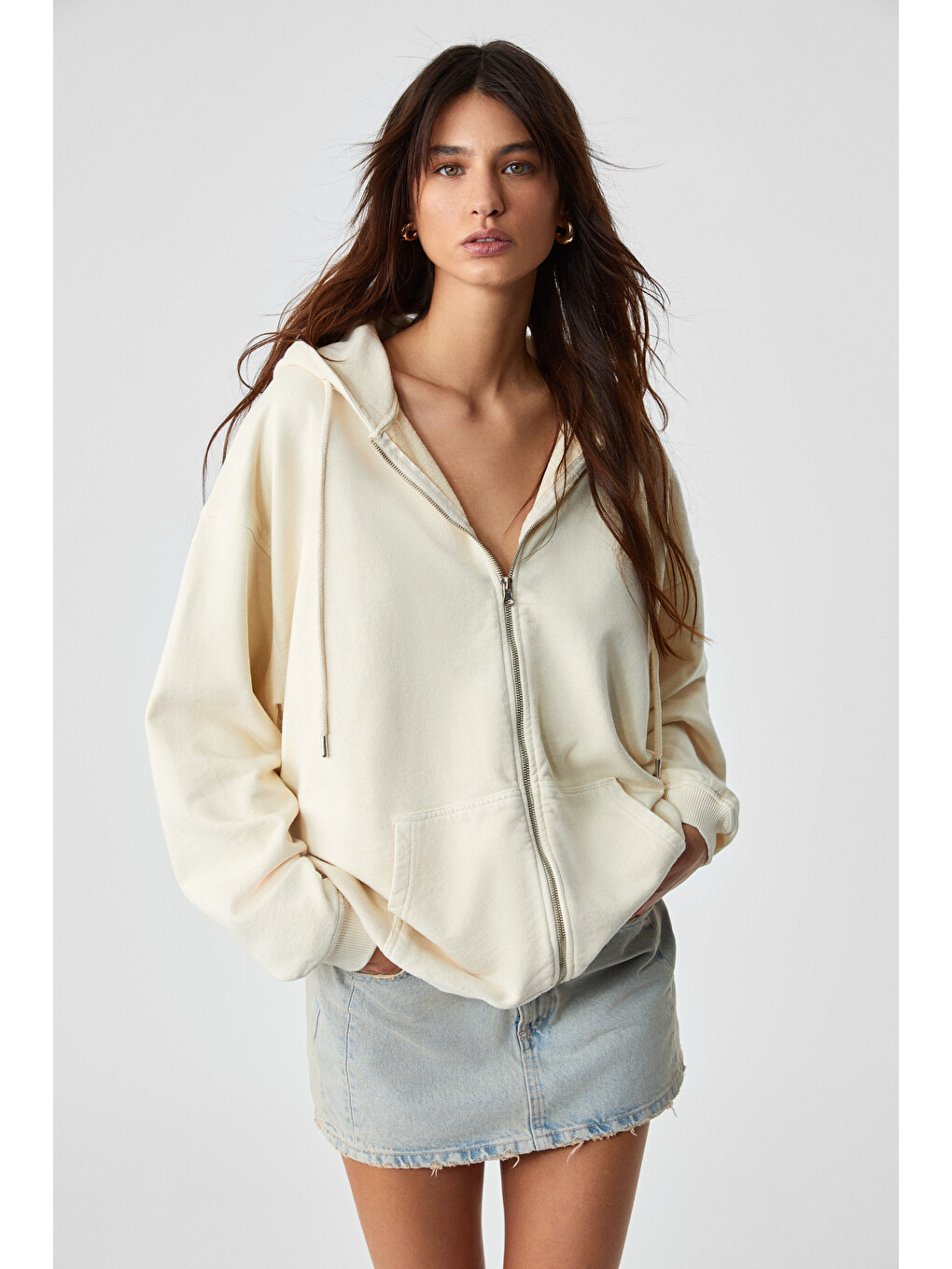 Ekru Nısporenı Kadın Oversize Fit Kapüşonlu %100 Organik Pamuk 3 İplik Krem Sweatshirt-2