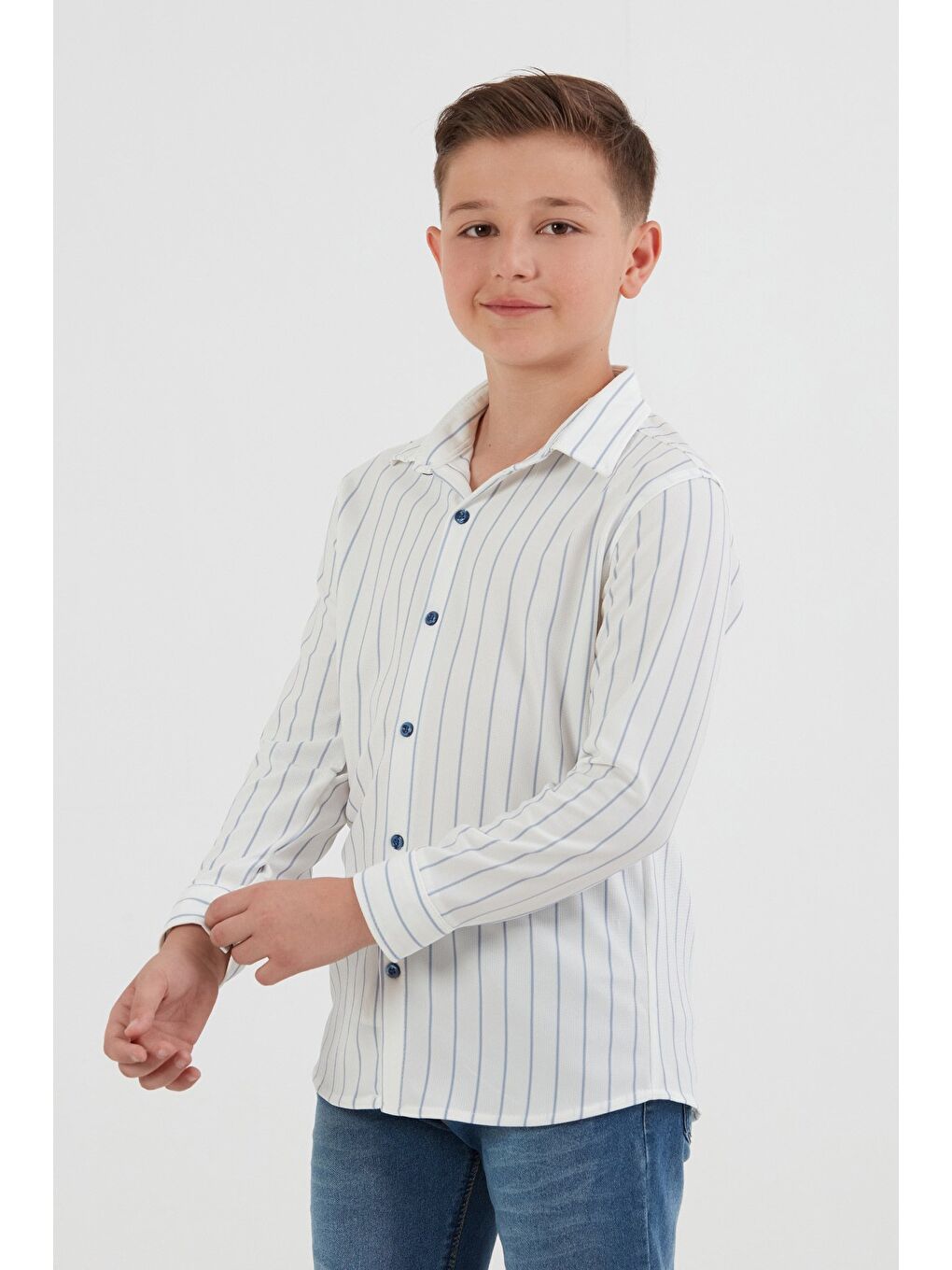 Mavi Çizgili Düğmeli Kaşkorse Erkek Çocuk Gömlek-1