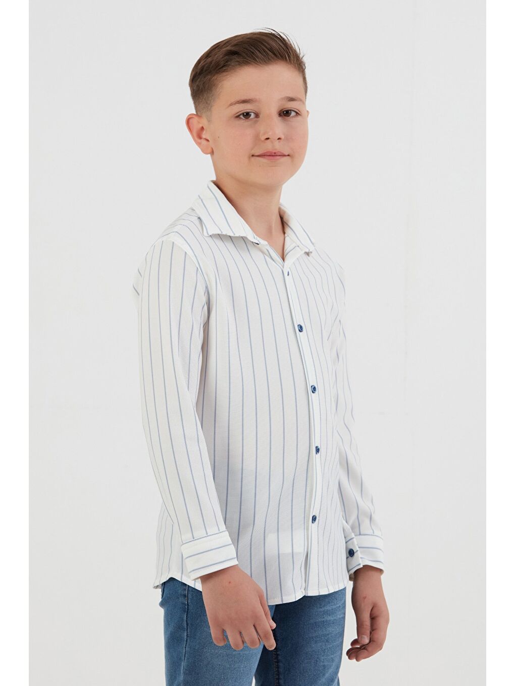 Mavi Çizgili Düğmeli Kaşkorse Erkek Çocuk Gömlek-3