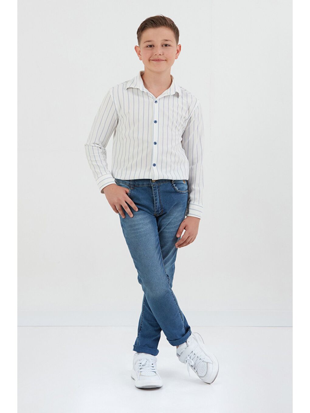 Mavi Çizgili Düğmeli Kaşkorse Erkek Çocuk Gömlek-4
