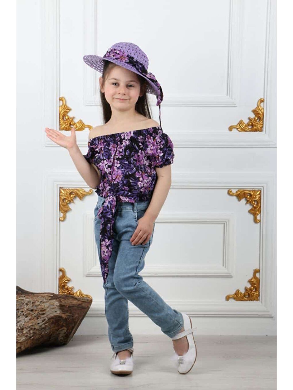 Mor Miss Kovalo Kız Çocuk Şapkalı Yazlık Elastanlı Jean Pantolon Takım M00731-2