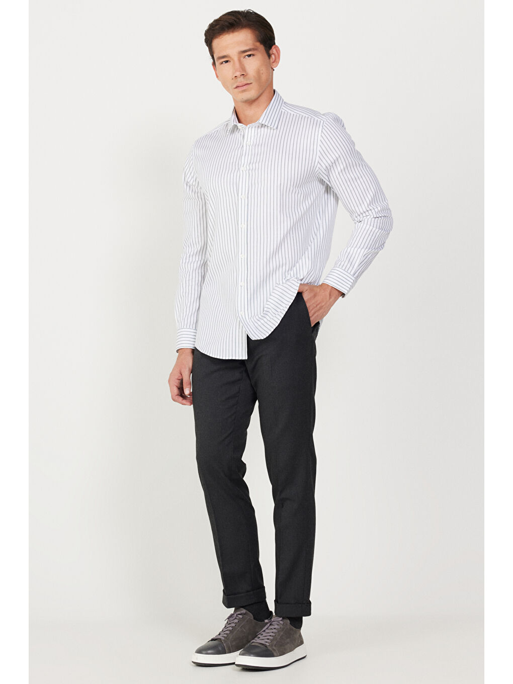 Erkek Beyaz-Yeşil Slim Fit Dar Kesim Klasik Yaka %100 Pamuk Çizgili Gömlek-1