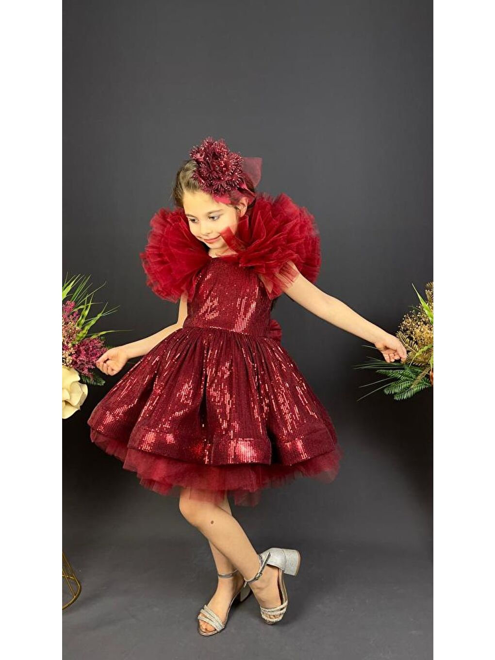 Bordo Tavus Kol Payetli Kumaş Kız Çocuk Elbise MNK0537