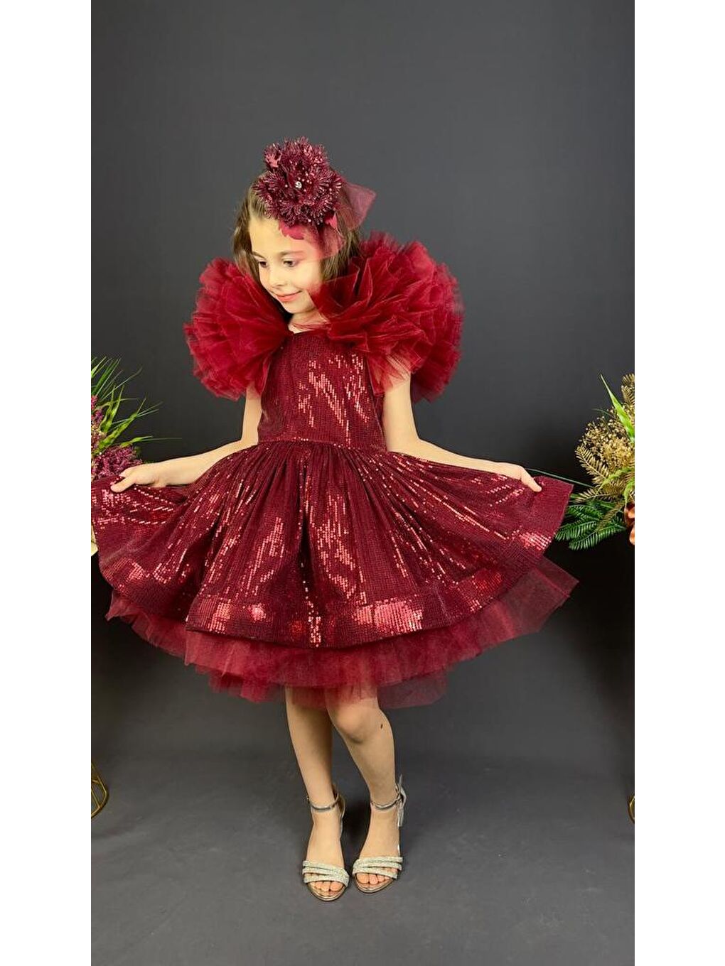 Bordo Tavus Kol Payetli Kumaş Kız Çocuk Elbise MNK0537-1