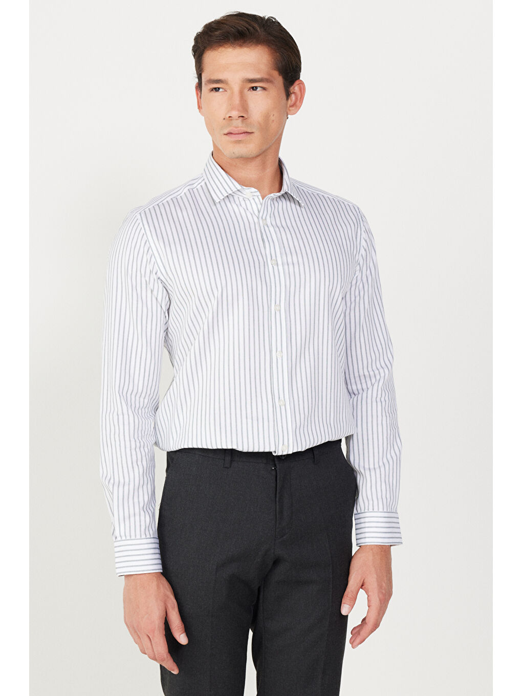 Erkek Beyaz-Yeşil Slim Fit Dar Kesim Klasik Yaka %100 Pamuk Çizgili Gömlek-4