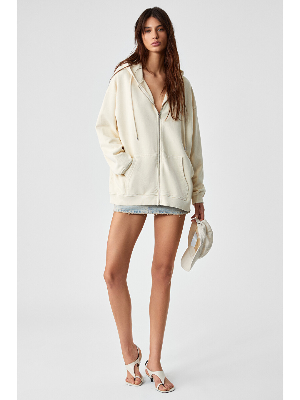 Ekru Nısporenı Kadın Oversize Fit Kapüşonlu %100 Organik Pamuk 3 İplik Krem Sweatshirt-4
