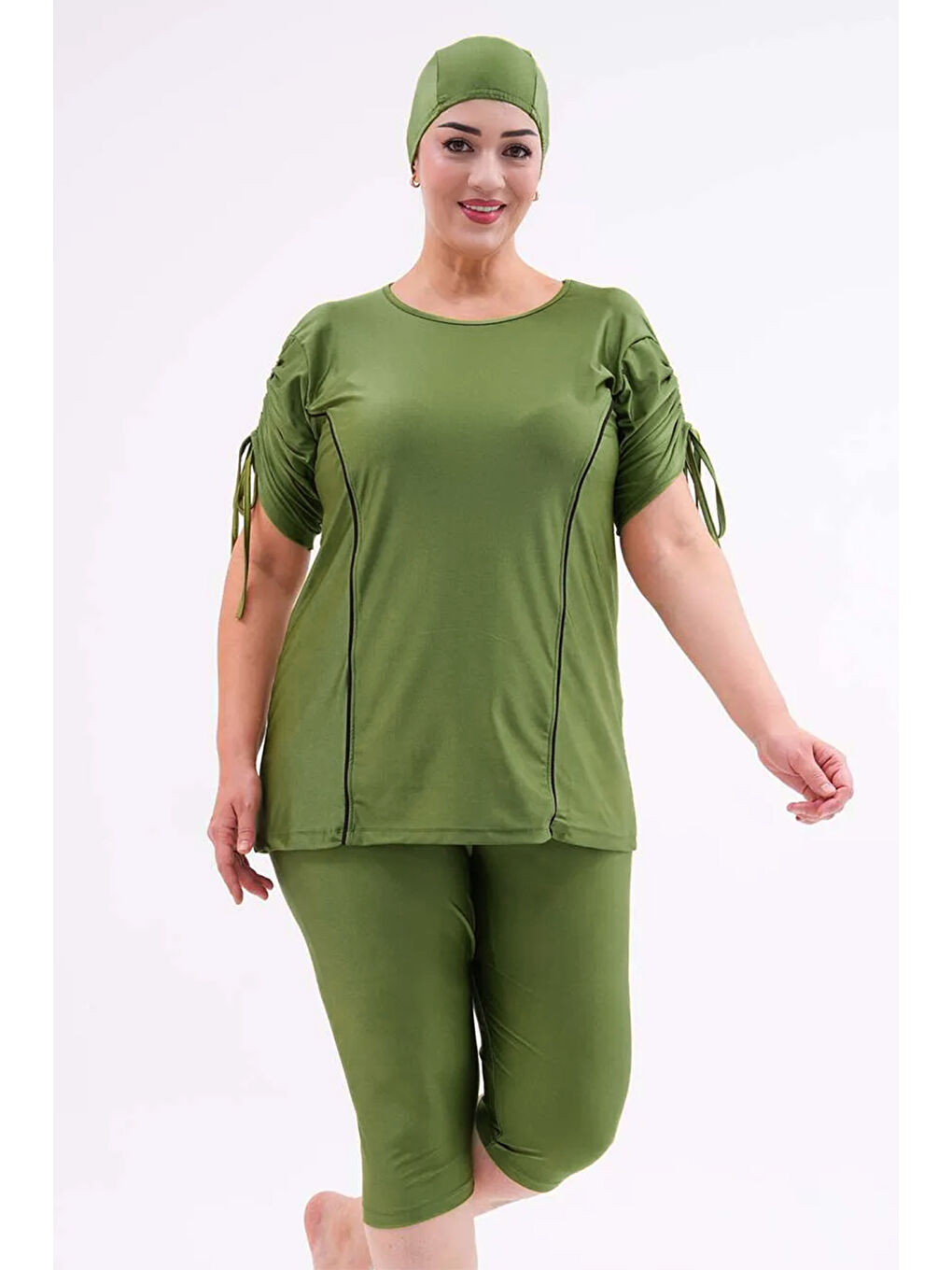 Büyük Beden Yarı Kapalı Tesettür Mayo Kol Detaylı 2311 Aysu Yeşil