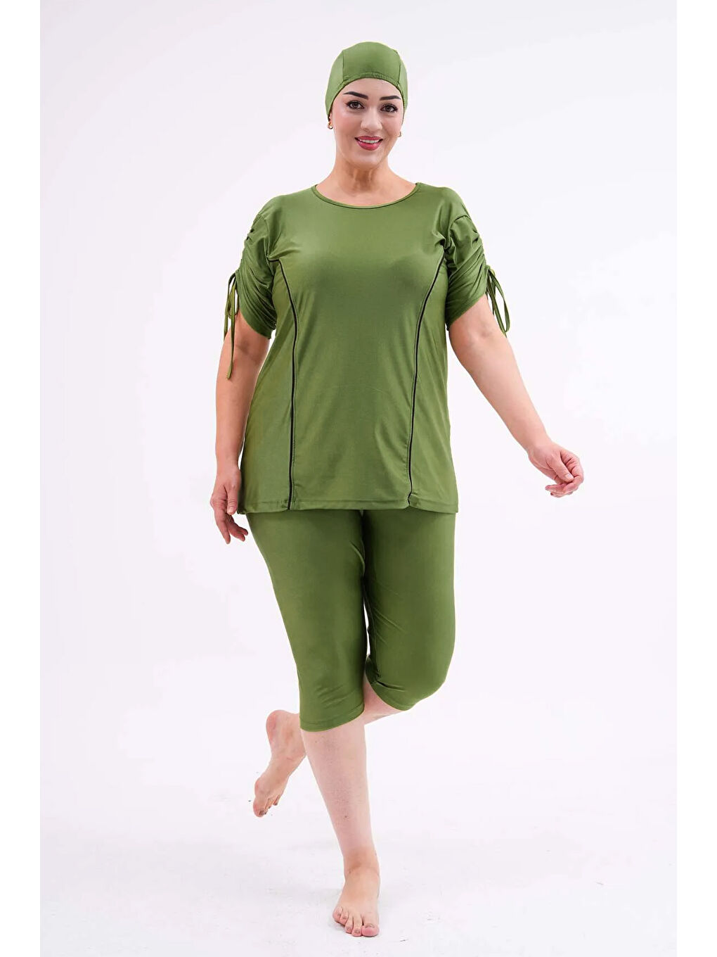 Büyük Beden Yarı Kapalı Tesettür Mayo Kol Detaylı 2311 Aysu Yeşil-1