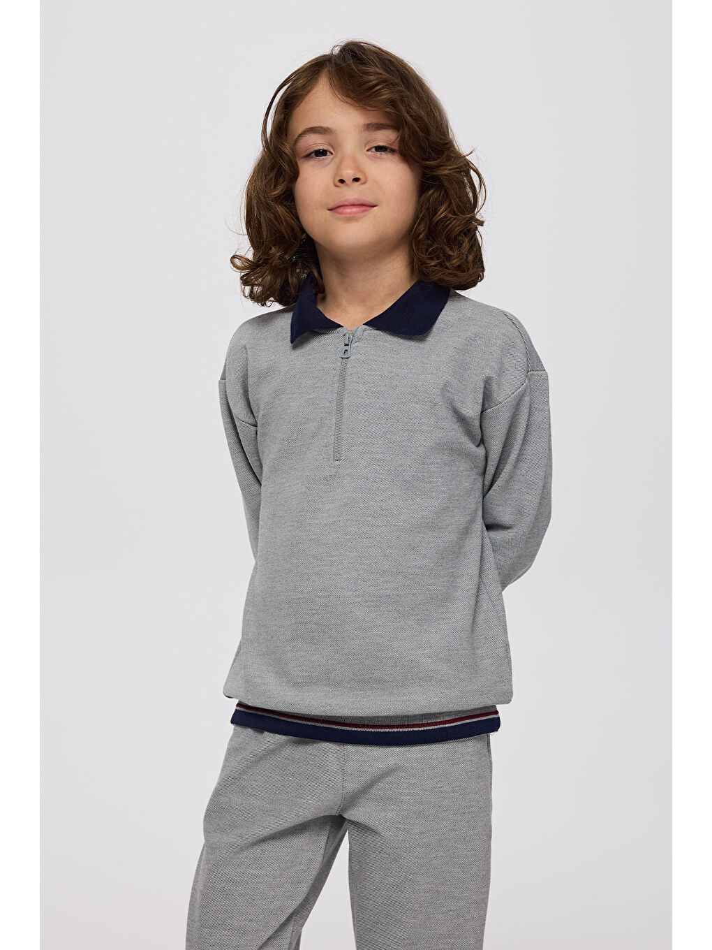 Erkek Çocuk Yaka Detaylı Gri-Melanj Sweatshirt-2