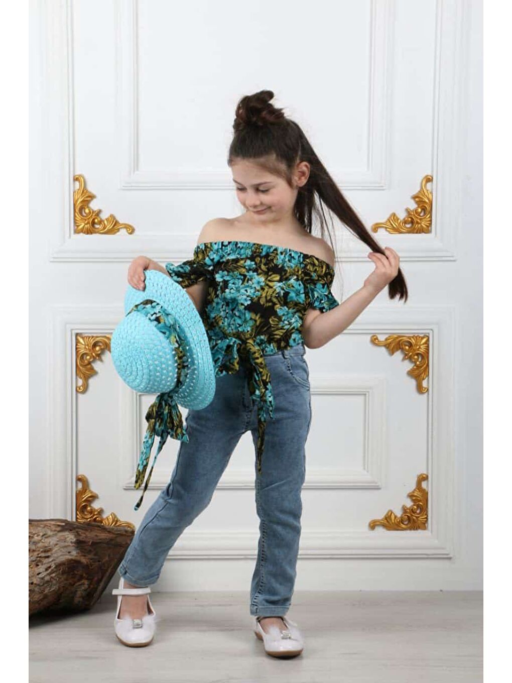 Mavi Miss Kovalo Kız Çocuk Şapkalı Yazlık Elastanlı Jean Pantolon Takım M00731