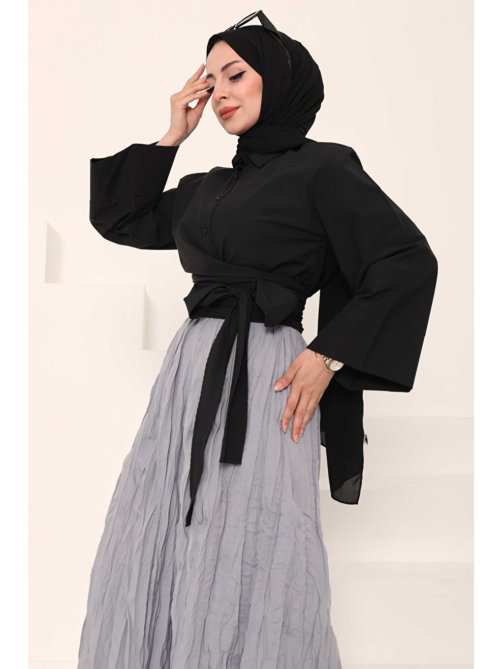 Önden Bağlamalı Gömlek Siyah - 27034-4