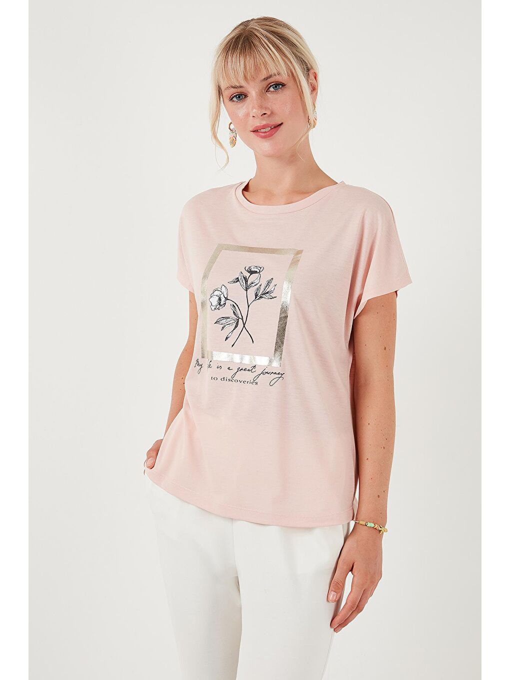 Lela Pudra Pembe Baskılı Bisiklet Yaka Regular Fit T Shirt 6671006 - 2