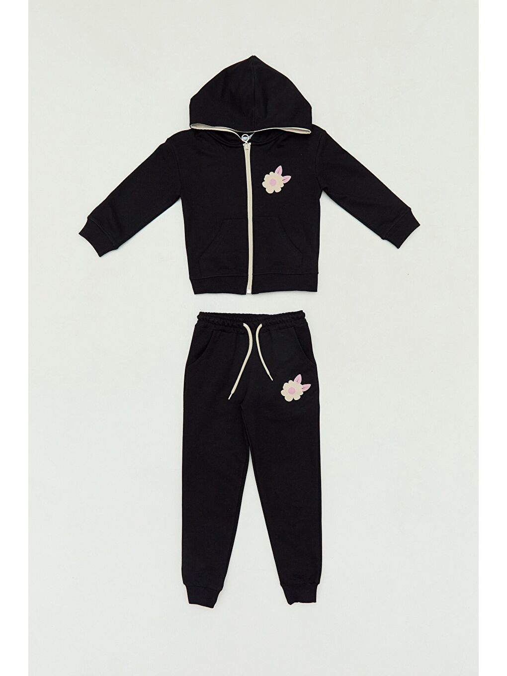 Siyah Papatya Baskılı Kapüşonlu 2 Li Jogger Kız Çocuk Takım