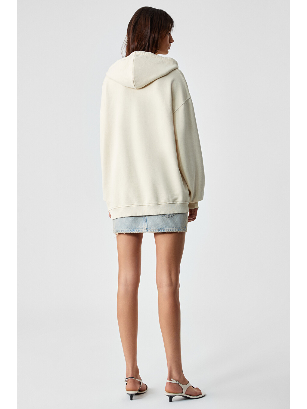 Ekru Nısporenı Kadın Oversize Fit Kapüşonlu %100 Organik Pamuk 3 İplik Krem Sweatshirt-5