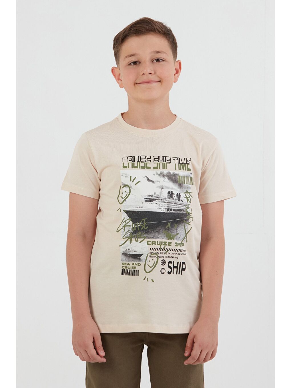 Bej %100 Cruise Ship Time Baskılı Erkek Çocuk Tişört