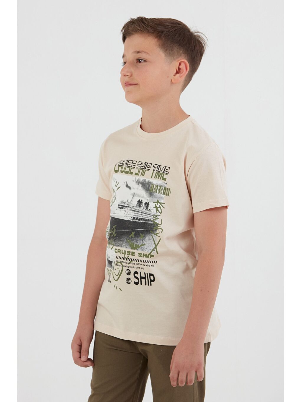 Bej %100 Cruise Ship Time Baskılı Erkek Çocuk Tişört-1