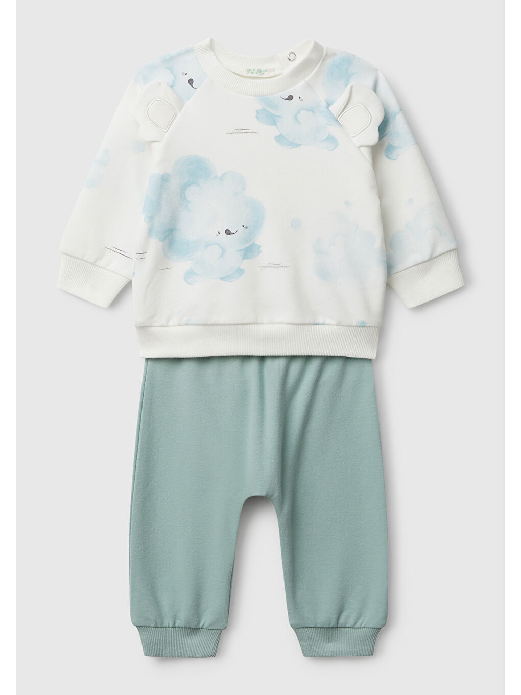 Gri Bebek Su Yeşili - Beyaz Tamamı Baskılı Kulaklı Üst ve Arkası İşlemeli Alt Eşofman Takımı