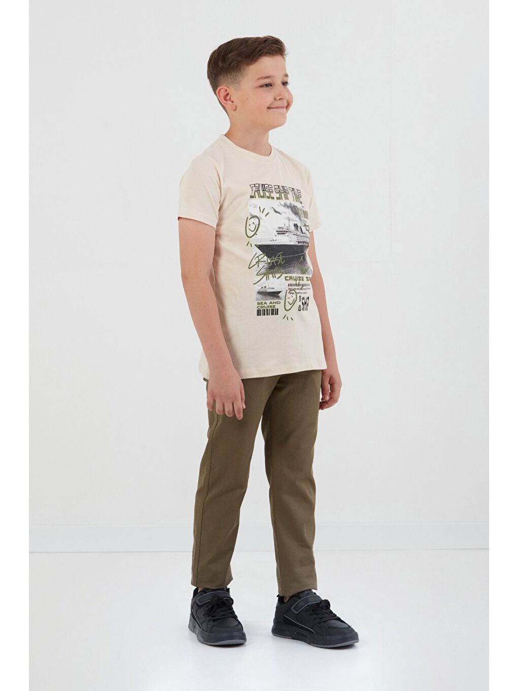 Bej %100 Cruise Ship Time Baskılı Erkek Çocuk Tişört-3