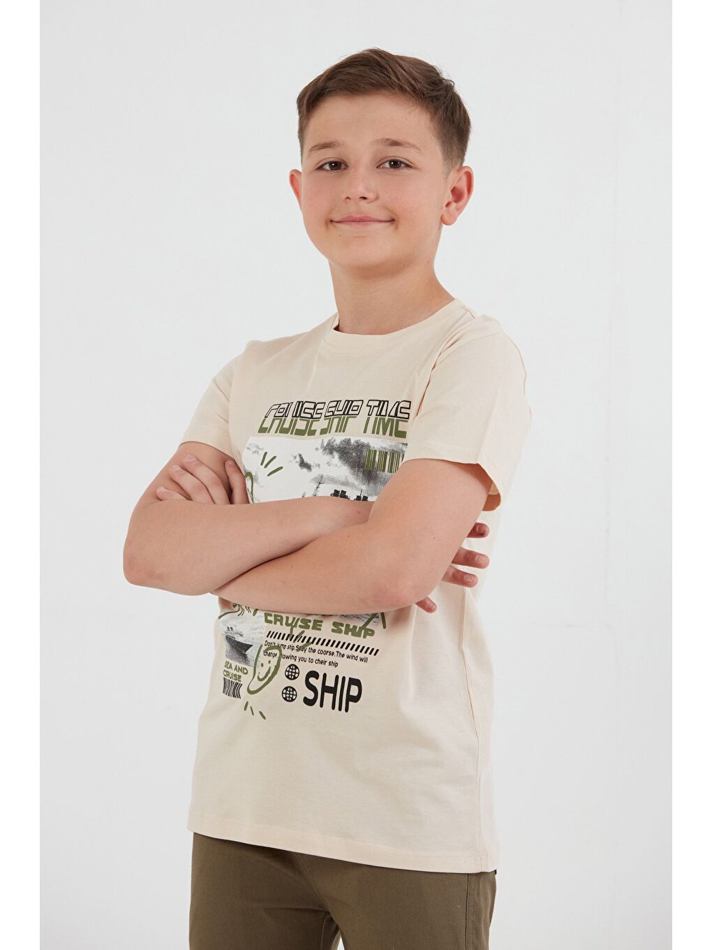 Bej %100 Cruise Ship Time Baskılı Erkek Çocuk Tişört-4