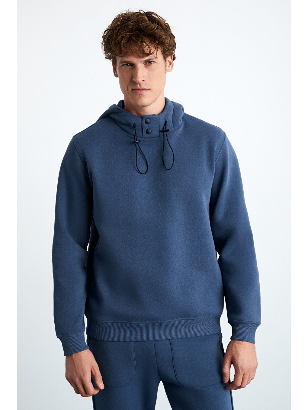 Jorna Erkek 3 İplik İçi Şardonlu Yumuşacık Çıt Çıt Yakalı Regular Kapüşonlu İndigo Sweatshirt