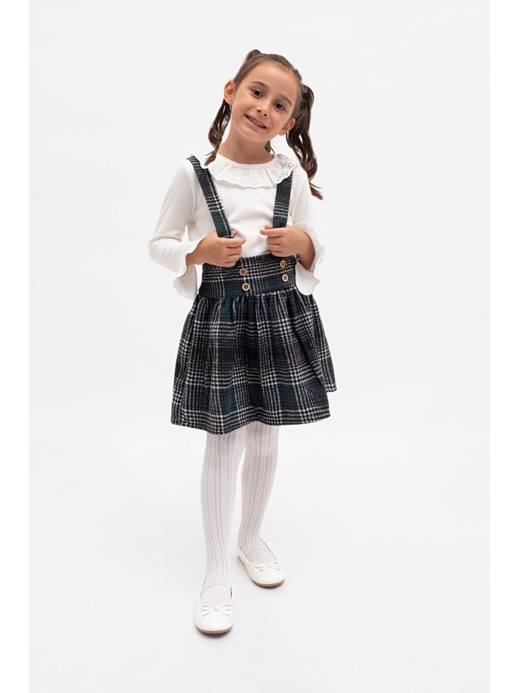 Yeşil Ekose Desen Kız Çocuk Salopet Etekli Badili Takım MNK2148-4