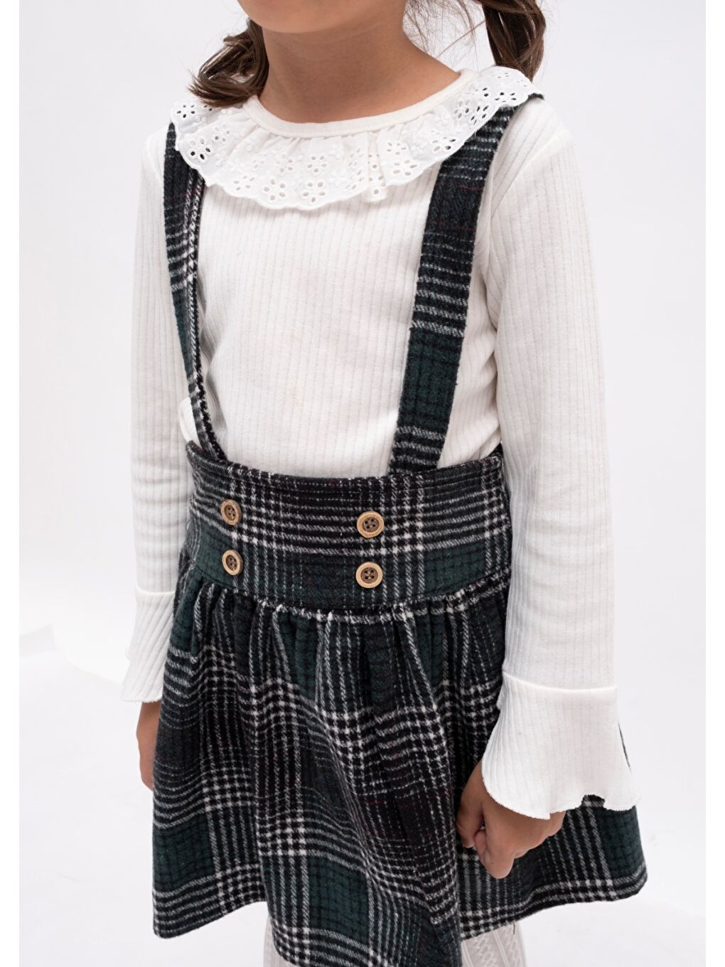 Yeşil Ekose Desen Kız Çocuk Salopet Etekli Badili Takım MNK2148-5