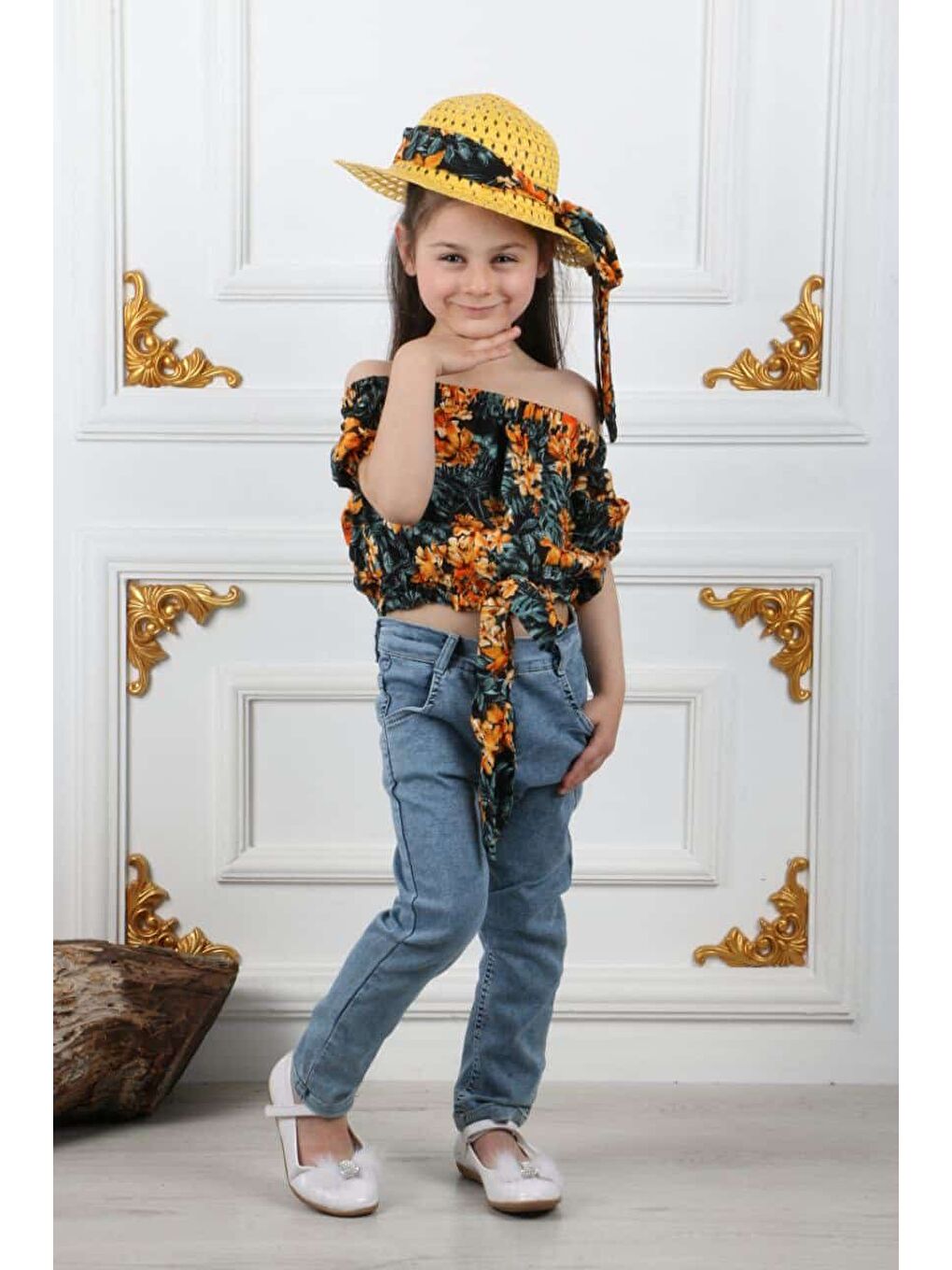 Turuncu Miss Kovalo Kız Çocuk Şapkalı Yazlık Elastanlı Jean Pantolon Takım M00731