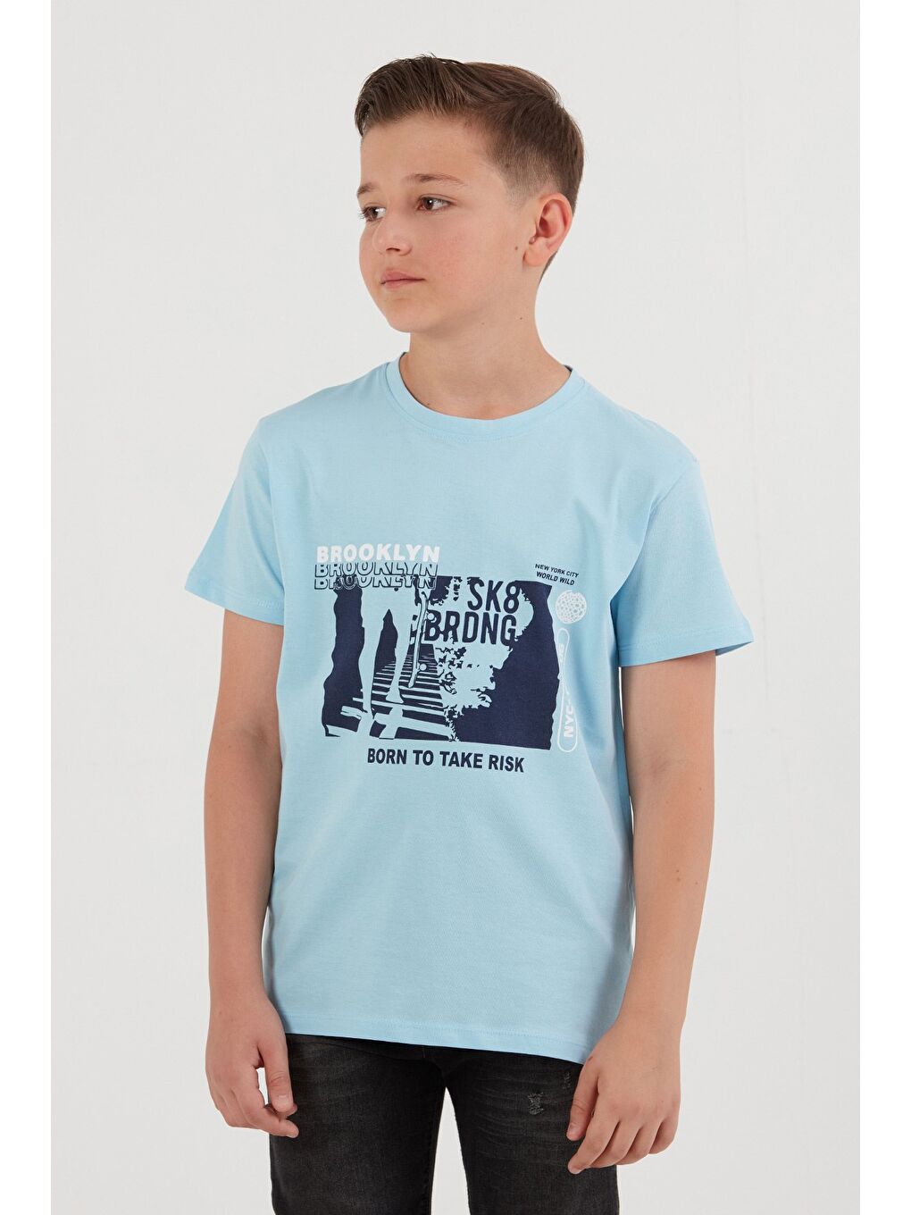 Mavi %100 Pamuk Brooklyn Baskılı Erkek Çocuk Tişört-1