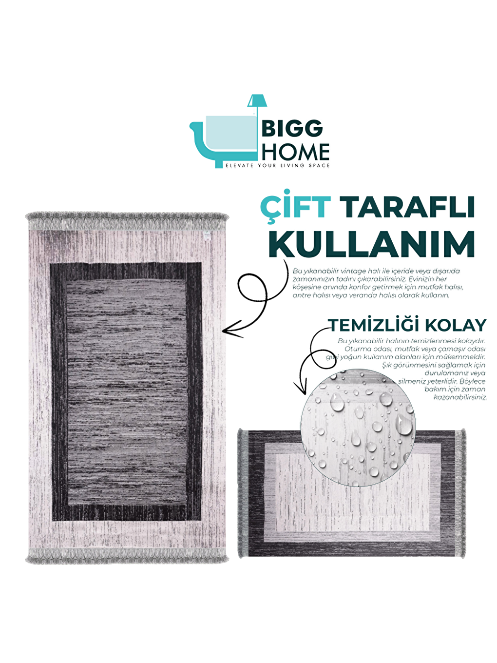 Gri Çift Taraflı Kilim Makinede Yıkanabilir Modern Desenli 120x180 cm-5