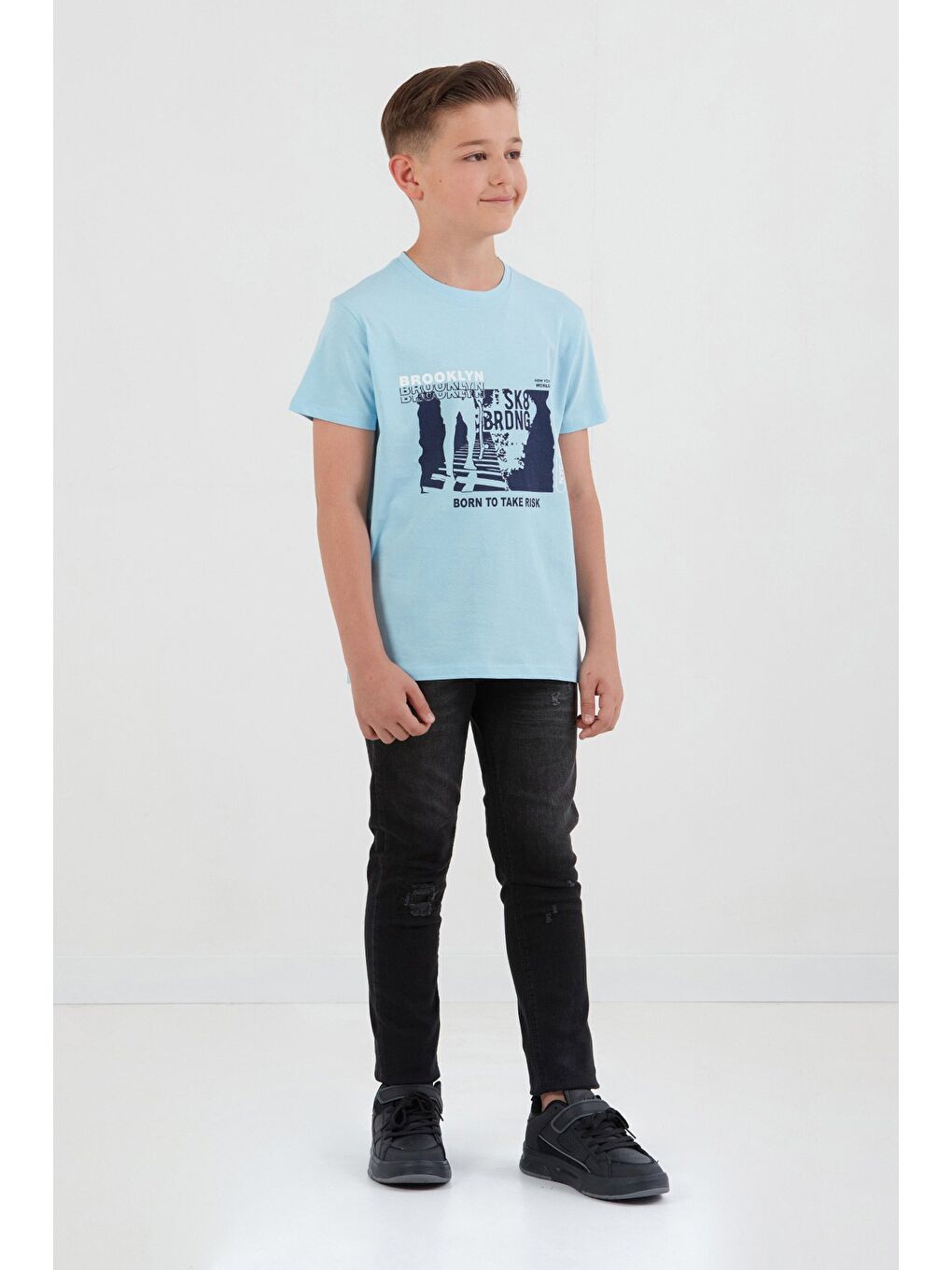 Mavi %100 Pamuk Brooklyn Baskılı Erkek Çocuk Tişört-3