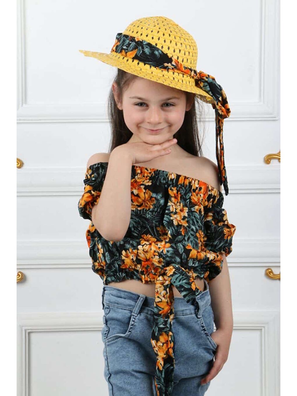 Turuncu Miss Kovalo Kız Çocuk Şapkalı Yazlık Elastanlı Jean Pantolon Takım M00731-4