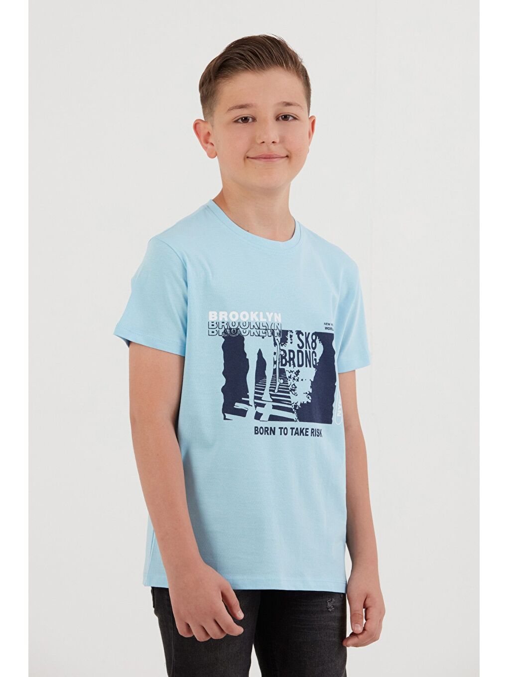 Mavi %100 Pamuk Brooklyn Baskılı Erkek Çocuk Tişört-4