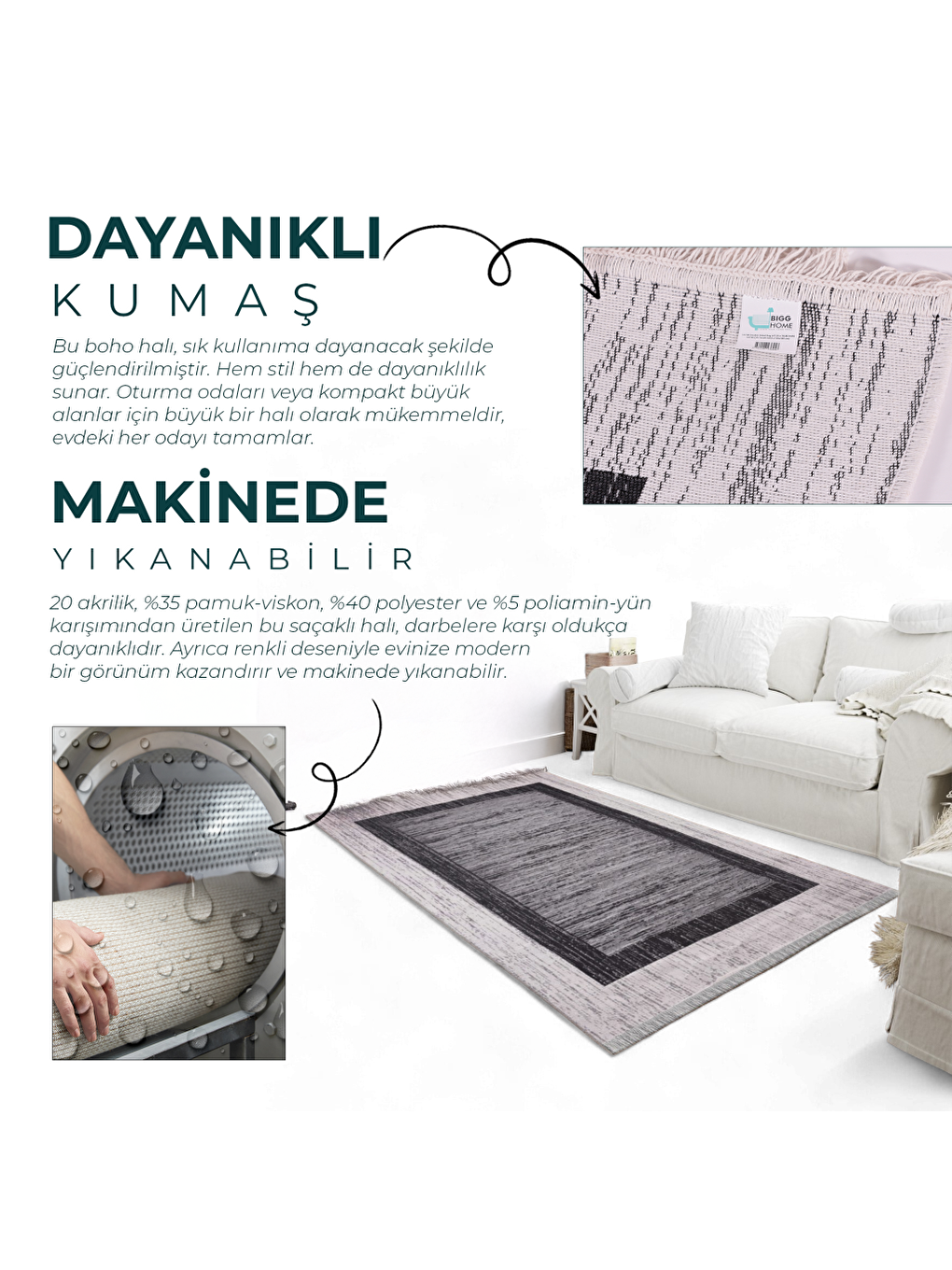 Gri Çift Taraflı Kilim Makinede Yıkanabilir Modern Desenli 120x180 cm-6