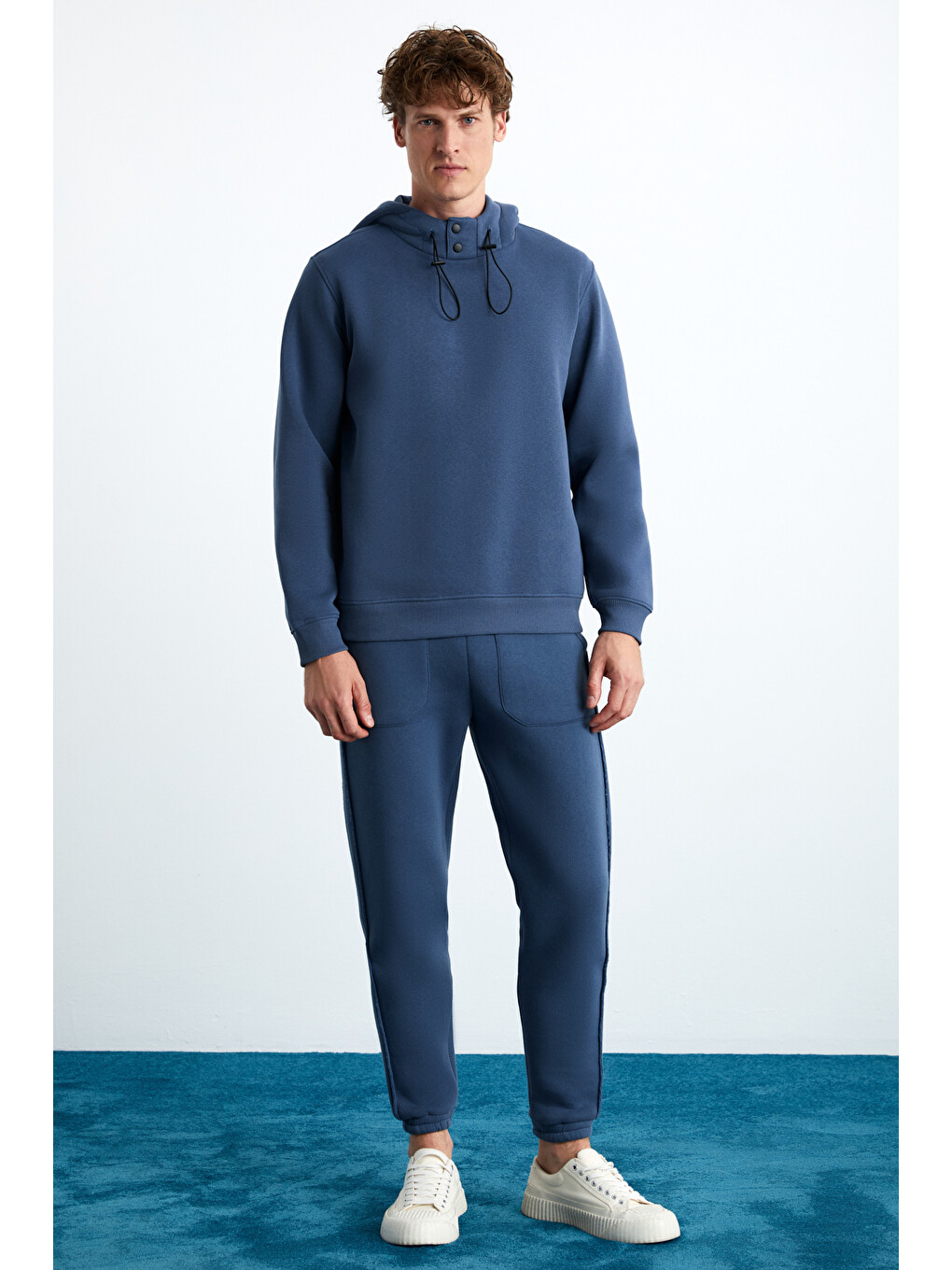Jorna Erkek 3 İplik İçi Şardonlu Yumuşacık Çıt Çıt Yakalı Regular Kapüşonlu İndigo Sweatshirt-1