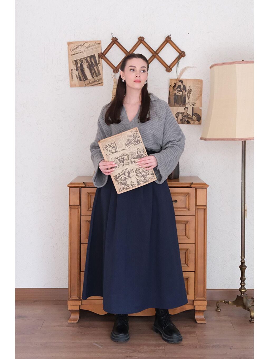 Lacivert Tek Düğmeli Keten Etek