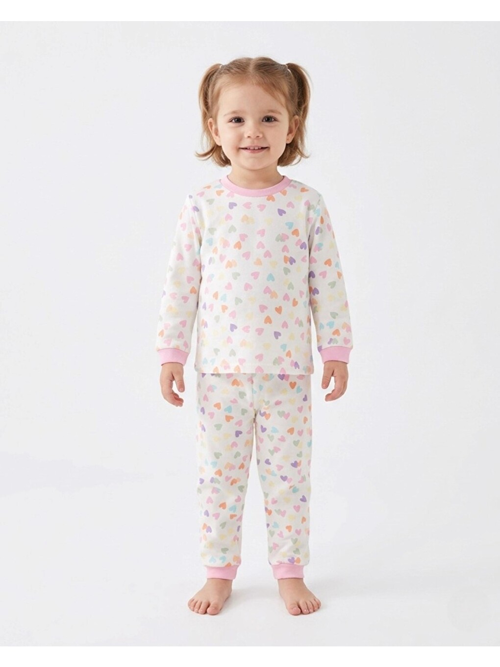 Ekru Kız Çocuk Kalp Baskılı Bisiklet Yakalı Mevsimlik %100 Pamuk Gecelik Alt Üst Pijama Takımı