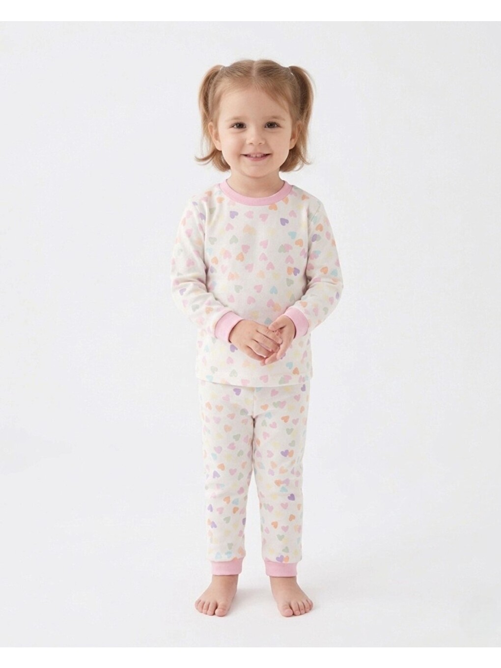 Ekru Kız Çocuk Kalp Baskılı Bisiklet Yakalı Mevsimlik %100 Pamuk Gecelik Alt Üst Pijama Takımı-2