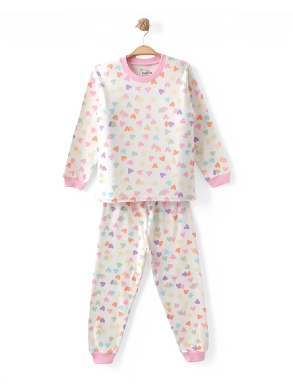 Ekru Kız Çocuk Kalp Baskılı Bisiklet Yakalı Mevsimlik %100 Pamuk Gecelik Alt Üst Pijama Takımı-3