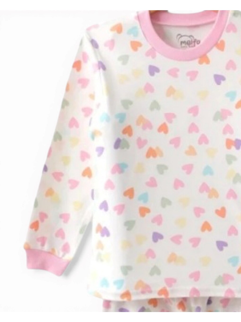 Ekru Kız Çocuk Kalp Baskılı Bisiklet Yakalı Mevsimlik %100 Pamuk Gecelik Alt Üst Pijama Takımı-4