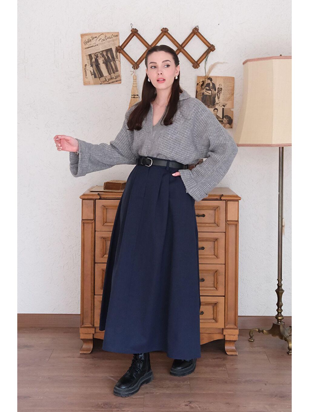 Lacivert Tek Düğmeli Keten Etek-1